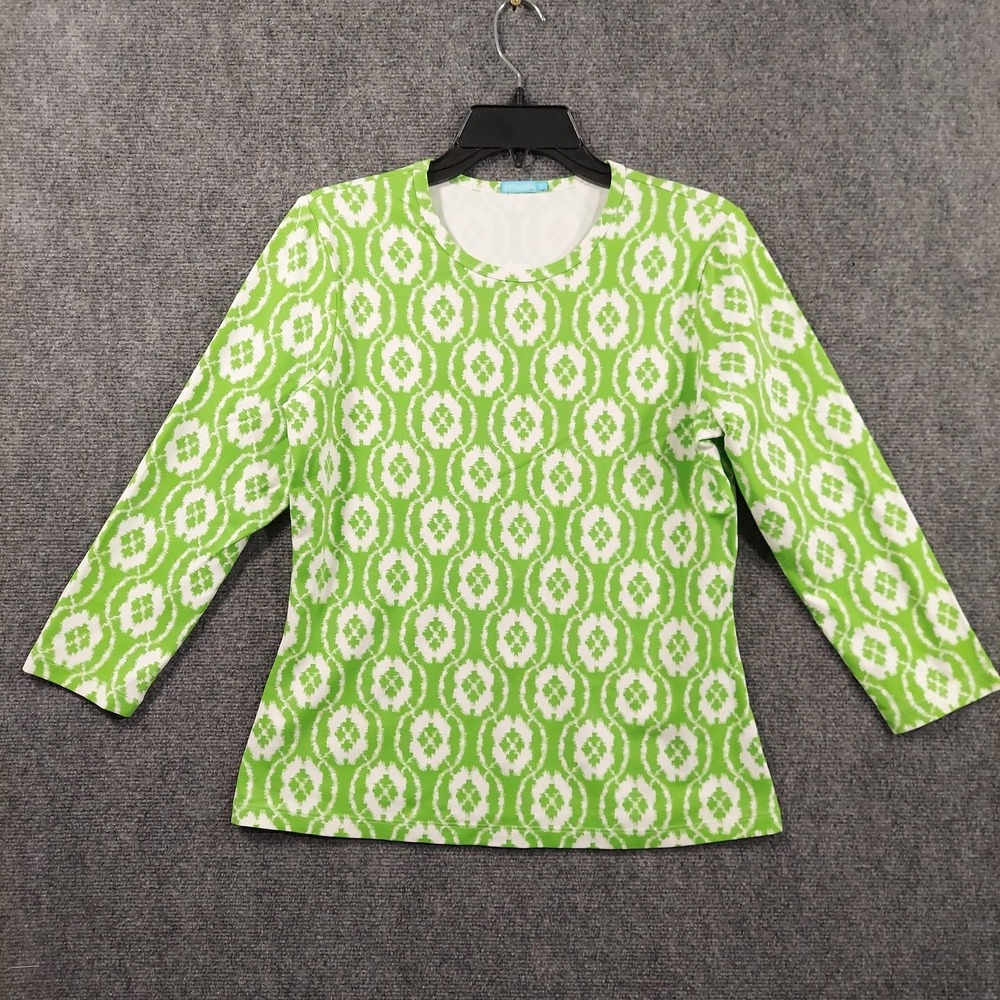 J. McLaughlin Shirt Womens Medium Green Ikat Geometric 3/4 Sleeve Stretch Top